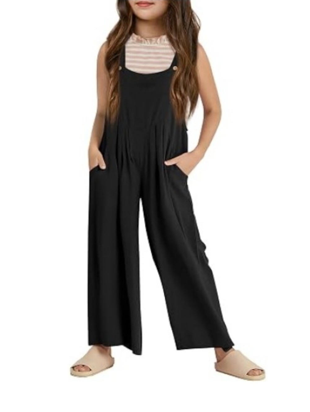 Girls Overalls Kids Casual Sleeveless Wide Leg Jumpsuit Loose Rompers Black